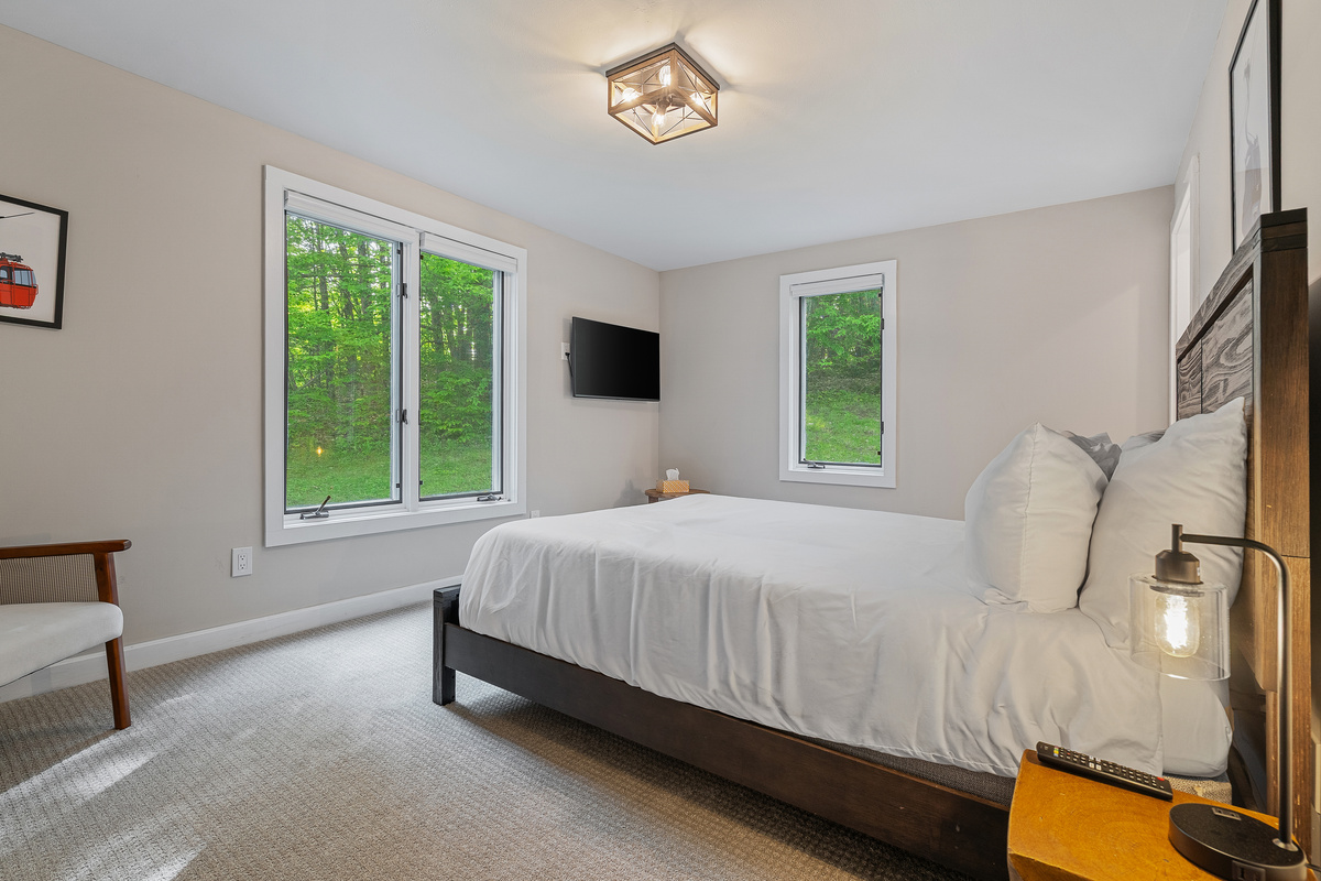 Bedroom with queen bed, flat-screen TV and windows framing the surrounding forest