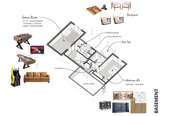 Lower ('basement') level floor plan shows the game room, a full bathroom (with shower), a powder room, and large bedroom (1 king and 1 twin). Lower level has direct access out to the backyard and hot tub area. 