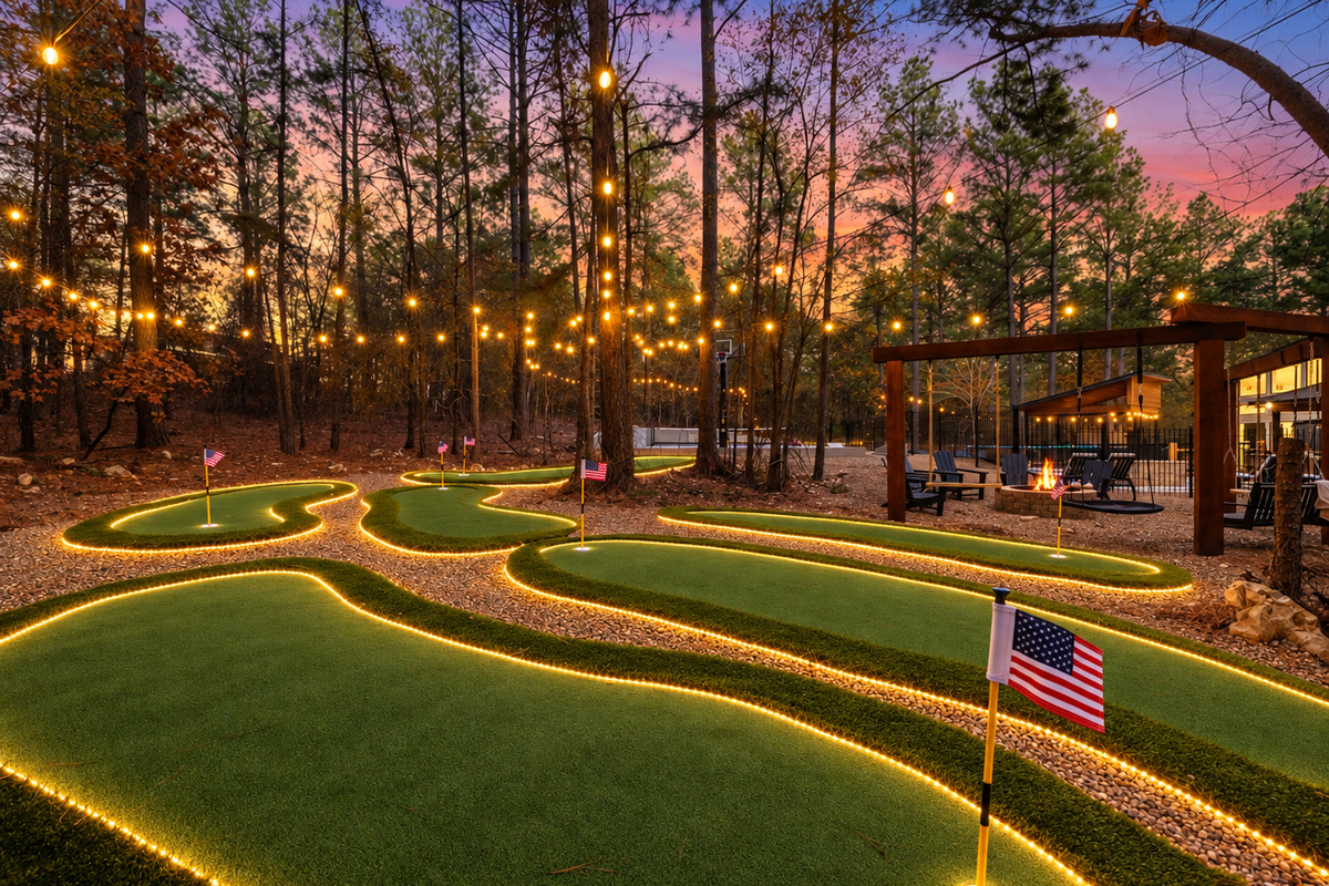 Day or night, our 6-hole glow mini golf course beneath towering pines invites you to unwind and connect. Imagine friendly competition under the stars, laughter echoing through the trees, and lasting memories made!