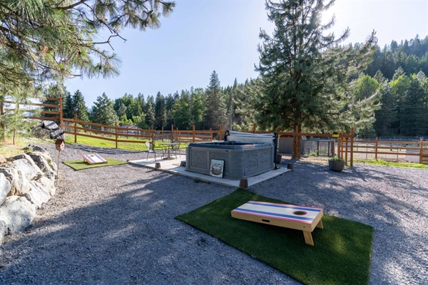 Hot tub is private for guest. Hot tub is located between the two houses. Owner's windows look away from guest house outdoor space.