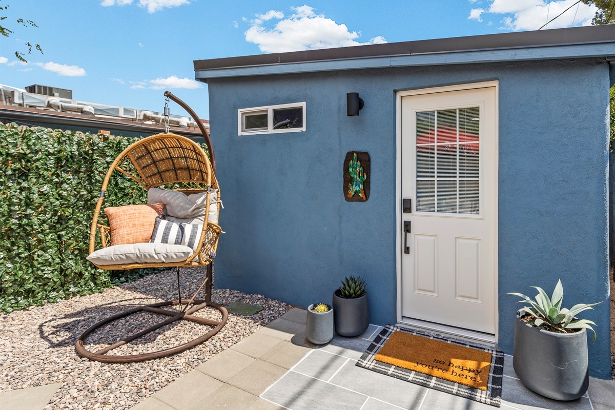 Welcome to Sedona Blue Guesthouse - complete with a cozy swing chair, peaceful vibes, and total privacy.