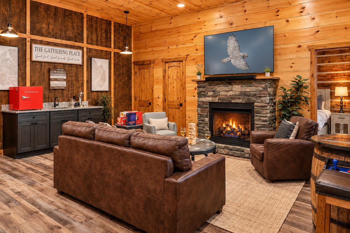 Stone hearth, wet bar, board games, two arcades, and a TV for epic game nights.