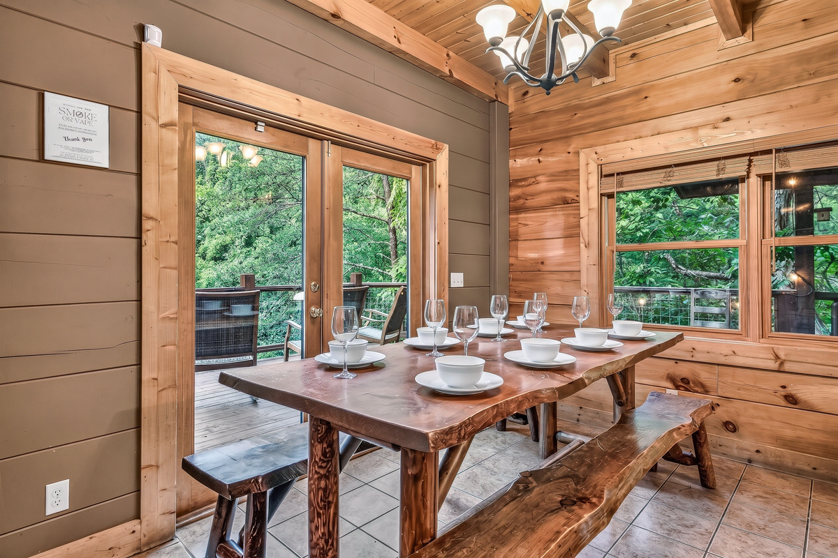 Enjoy natural light streaming in through large glass doors while you dine.