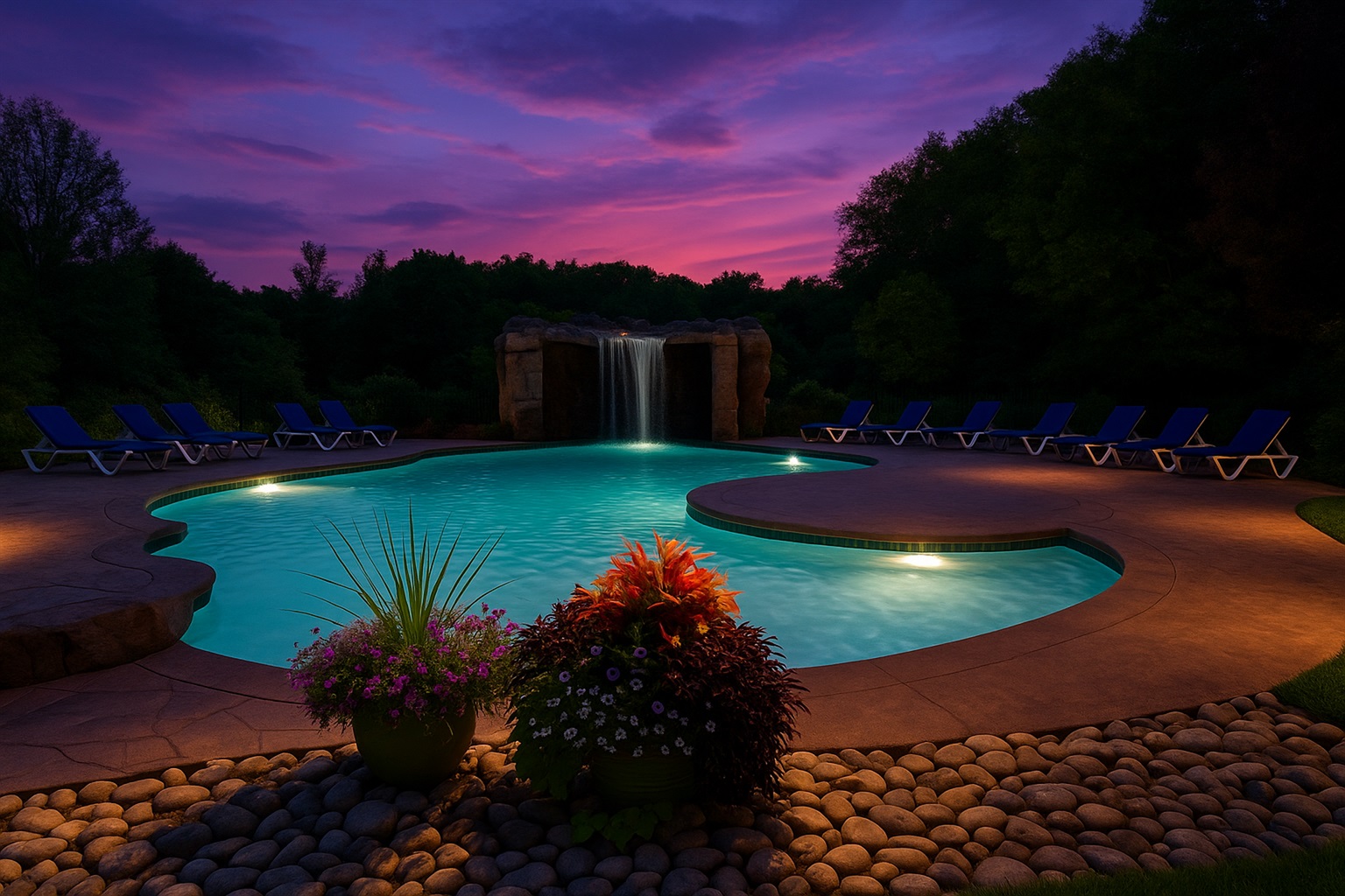 Resort Amenities include: large Saltwater Swimming Pool, Bonfire Pit, BBQ Propane Grill, Sun loungers, grotto style water fall, Jacuzzi, Pickleball, Tennis, Basketball Court and a Gym