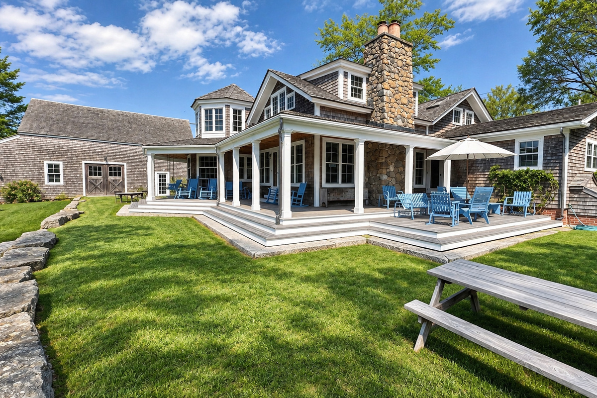 Wraparound porch and lawn with picnic table