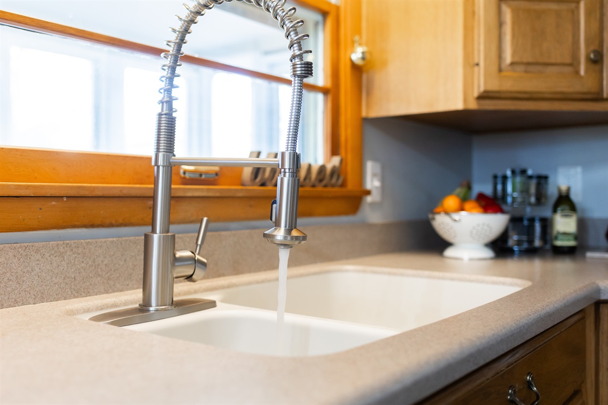 Large sink with chef's stainless faucet. 