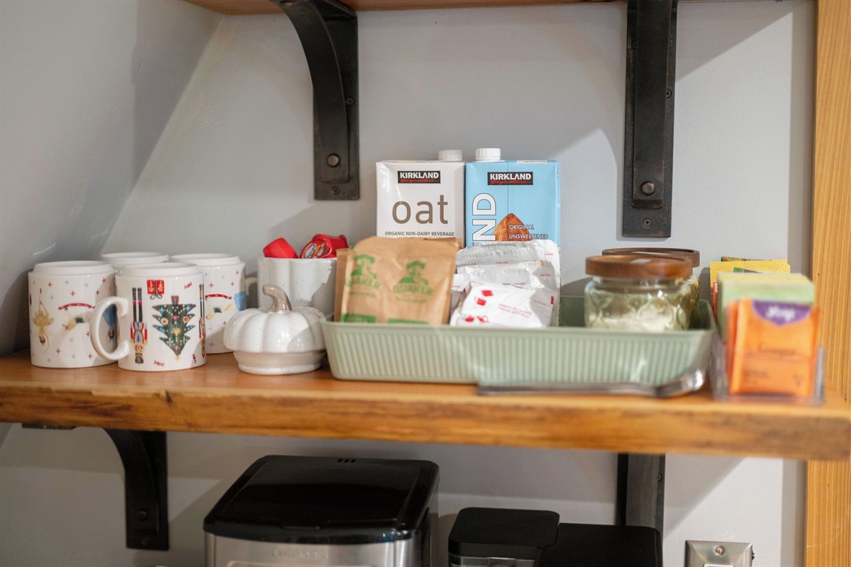 We provide oatmeal, waffle & pancake mix, almond milk, oat milk for our guests