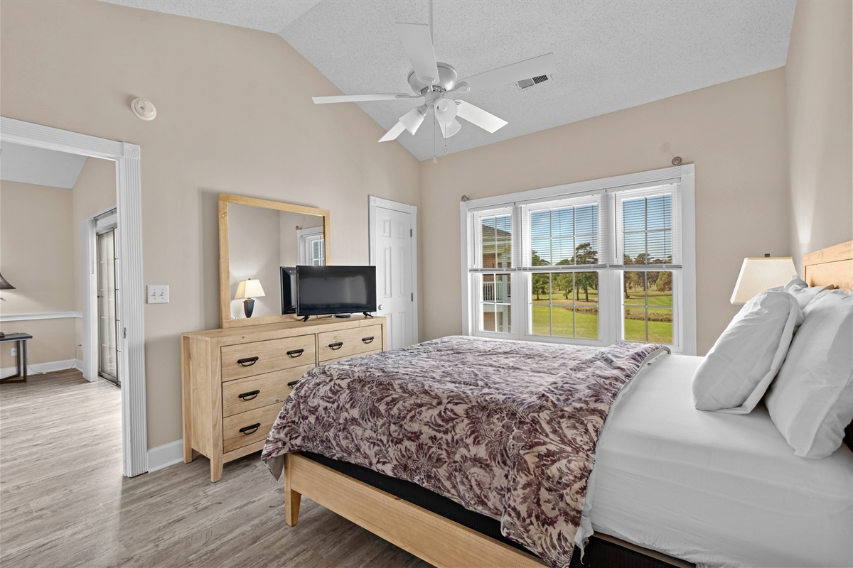 Queen Master Suite with TV, storage, and, of course, a gorgeous view