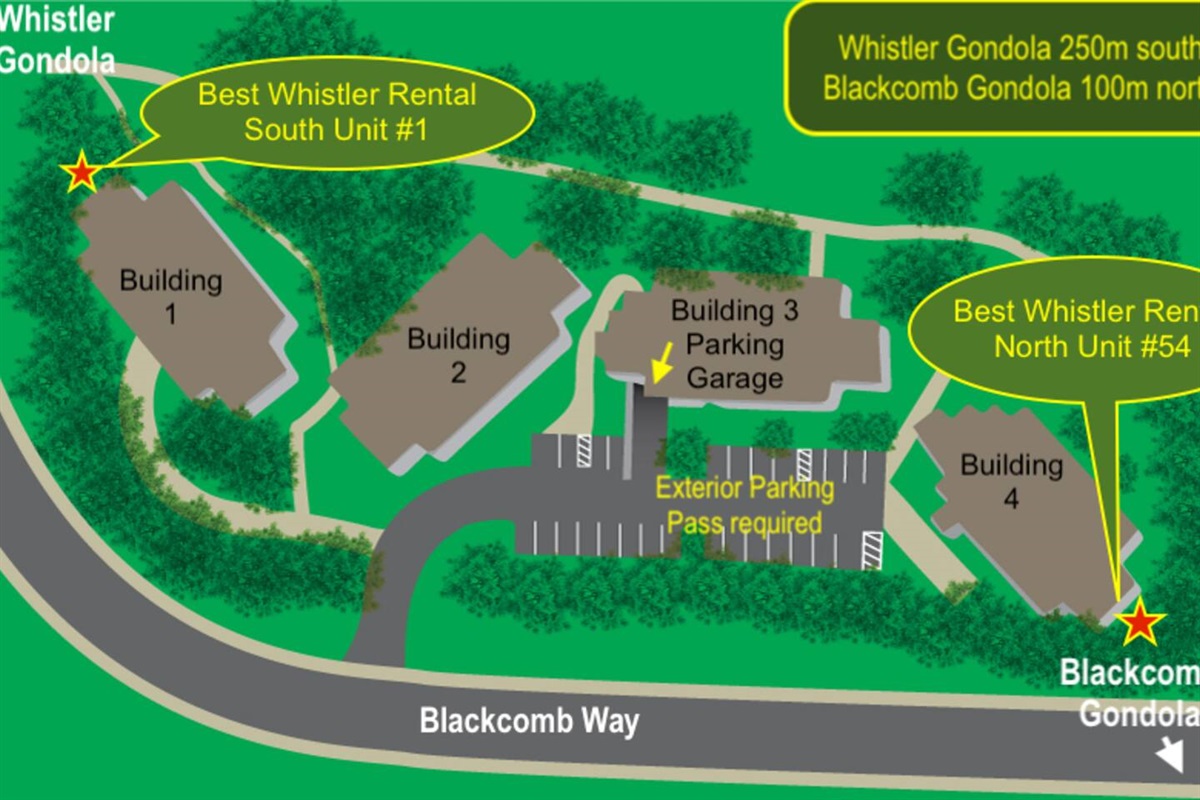 Site map shows Best Whistler South & North townhome orientation and proximity to both Whistler and Blackcomb Gondolas