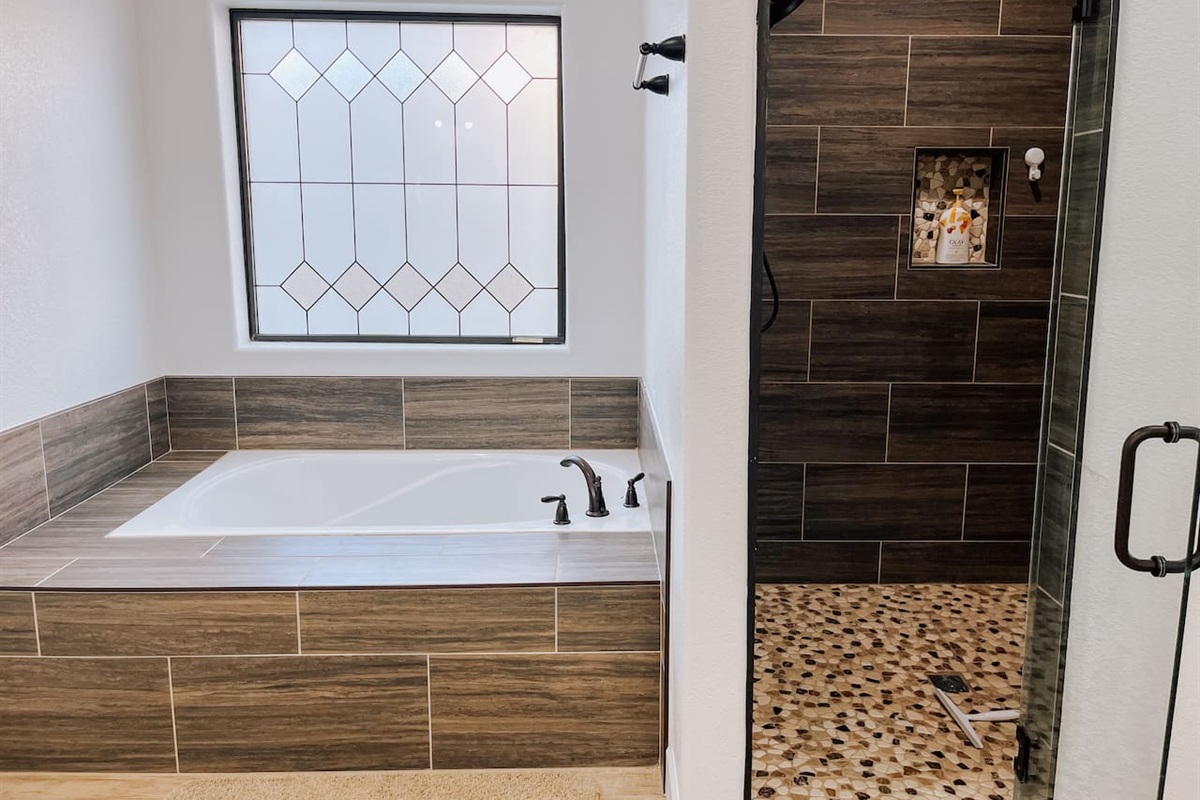 Master suite large tub and walk-in shower