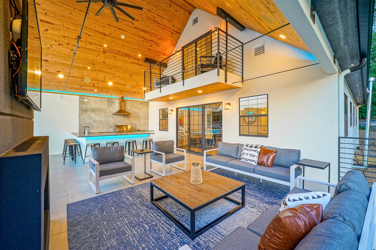 Modern, open-air comfort with plush seating and space to spread out — the perfect spot to unwind between lake adventures.
