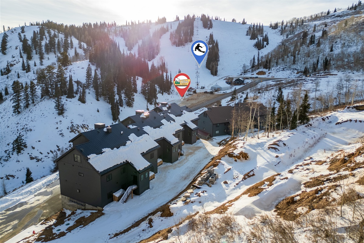 Aerial view showing the location of the home and proximity to the Sundown Lift.