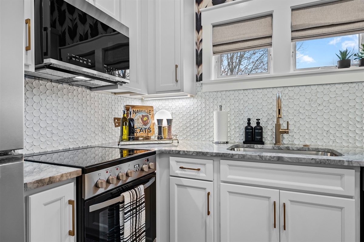 Small but mighty: This little kitchen is packed with everything you'll need to prepare and enjoy a meal.