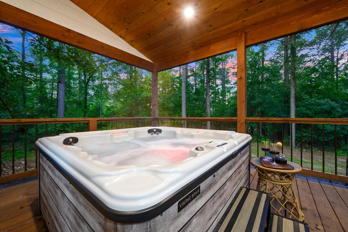 Spa Retreat: Unwind in the hot tub with forest views and starry skies! Perfect for relaxation!