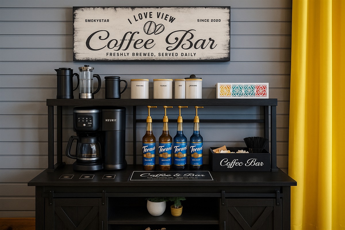 Need a Coffee Shop in your cabin? We got one! Drip and keurig coffee makers, french press, complimentary assorted coffees and teas, syrups and condiments galore. There is no better way to start your morning at I Love View