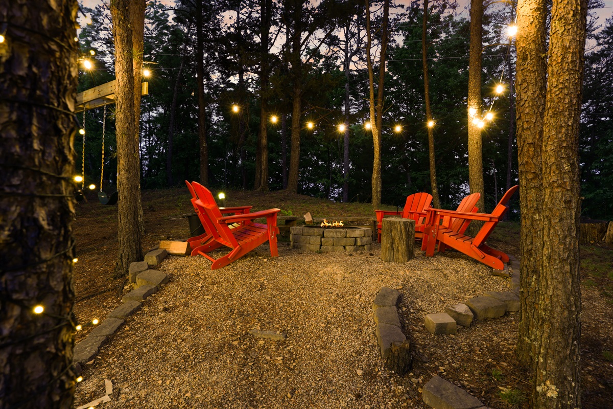 Strings lights around the firepit for a magical evening with friends and family