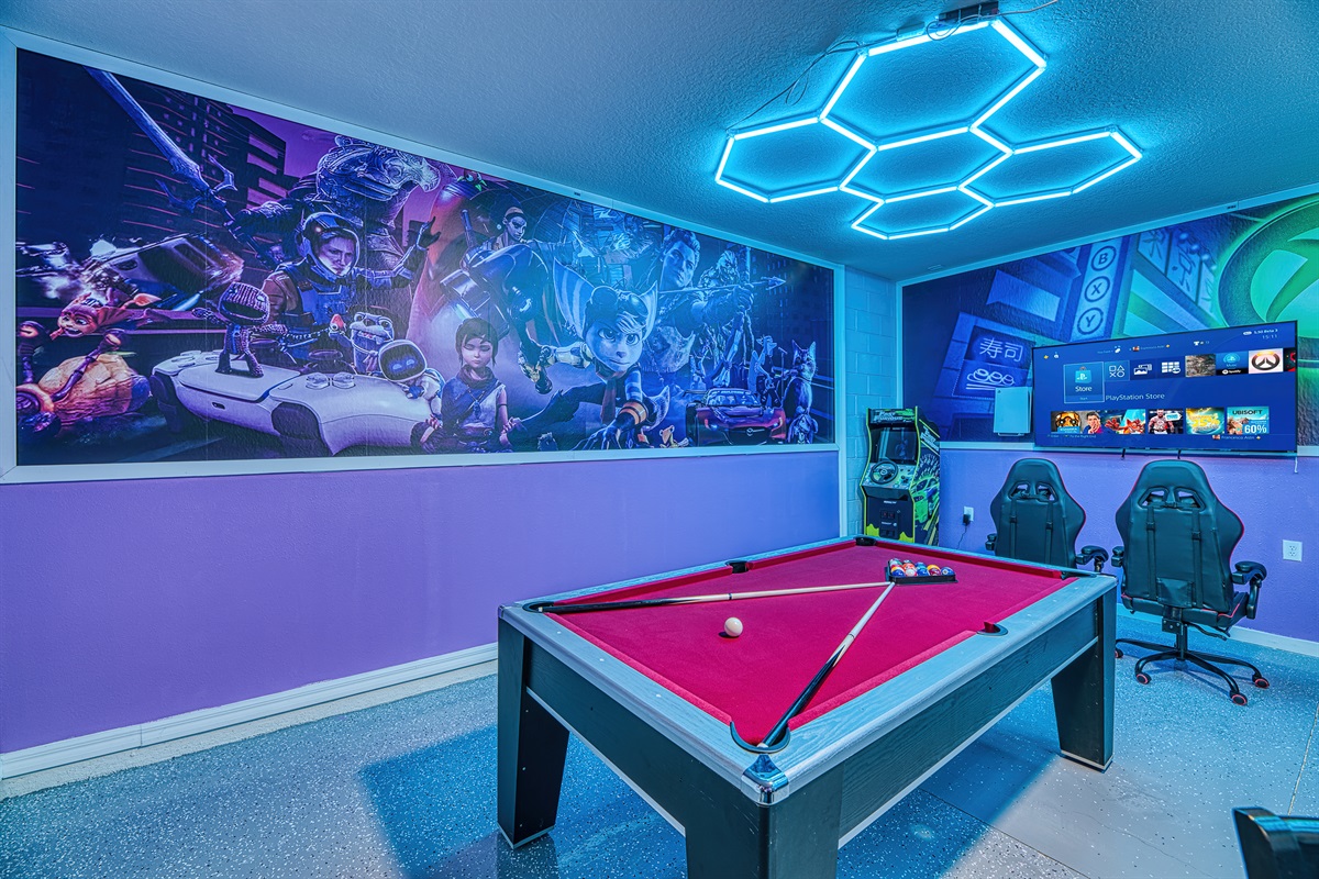 Game Room with Pool Table and Arcade