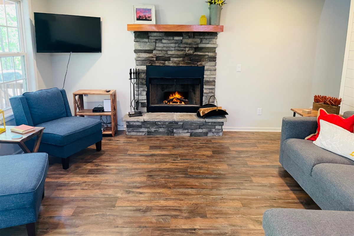 Cozy nights by the crackling wood-burning fireplace