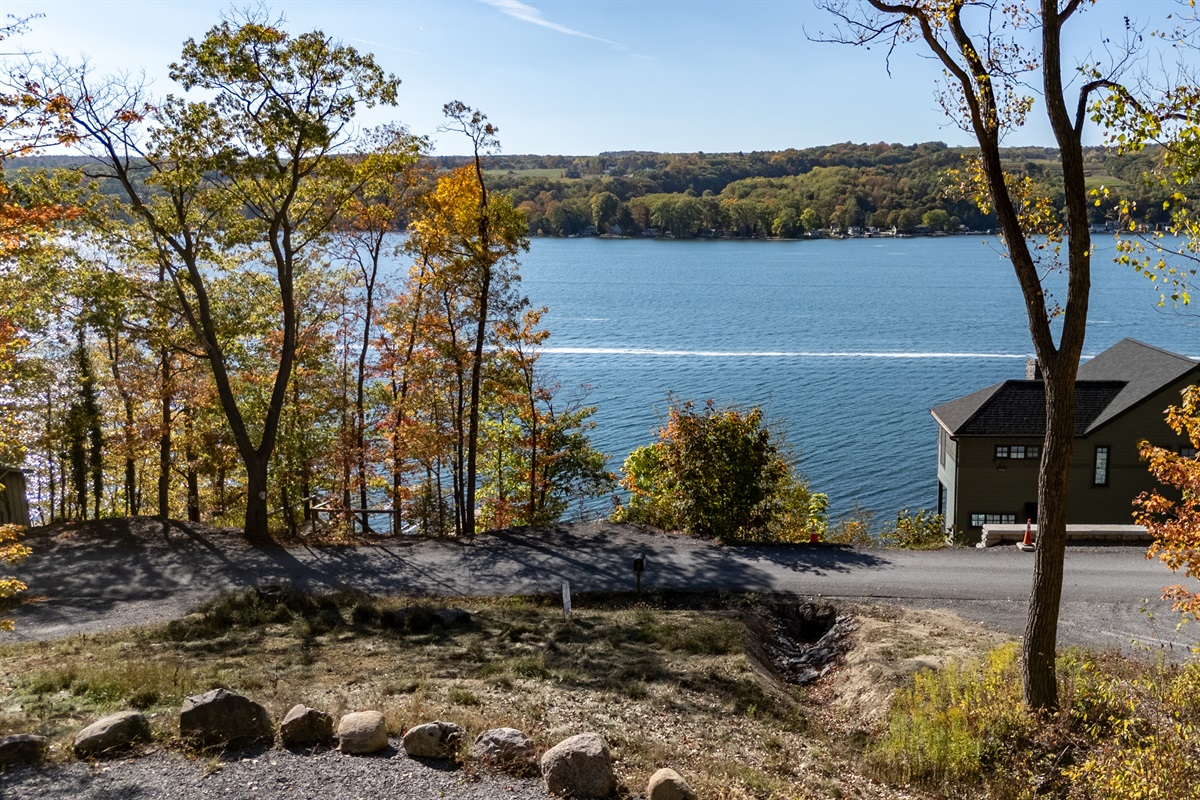 Lakefront view across trees and shoreline — serene water retreat.