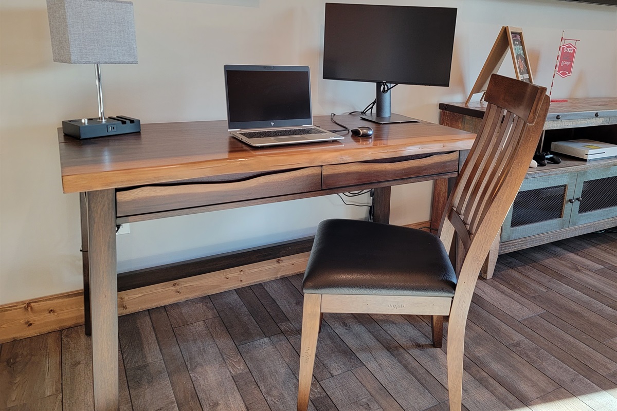 A dedicated workspace with monitor in the game room (bring your own laptop)  :)