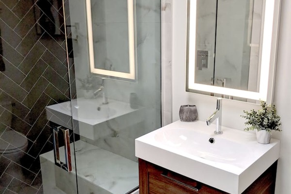 Guest bathroom with sunken walk-in shower
