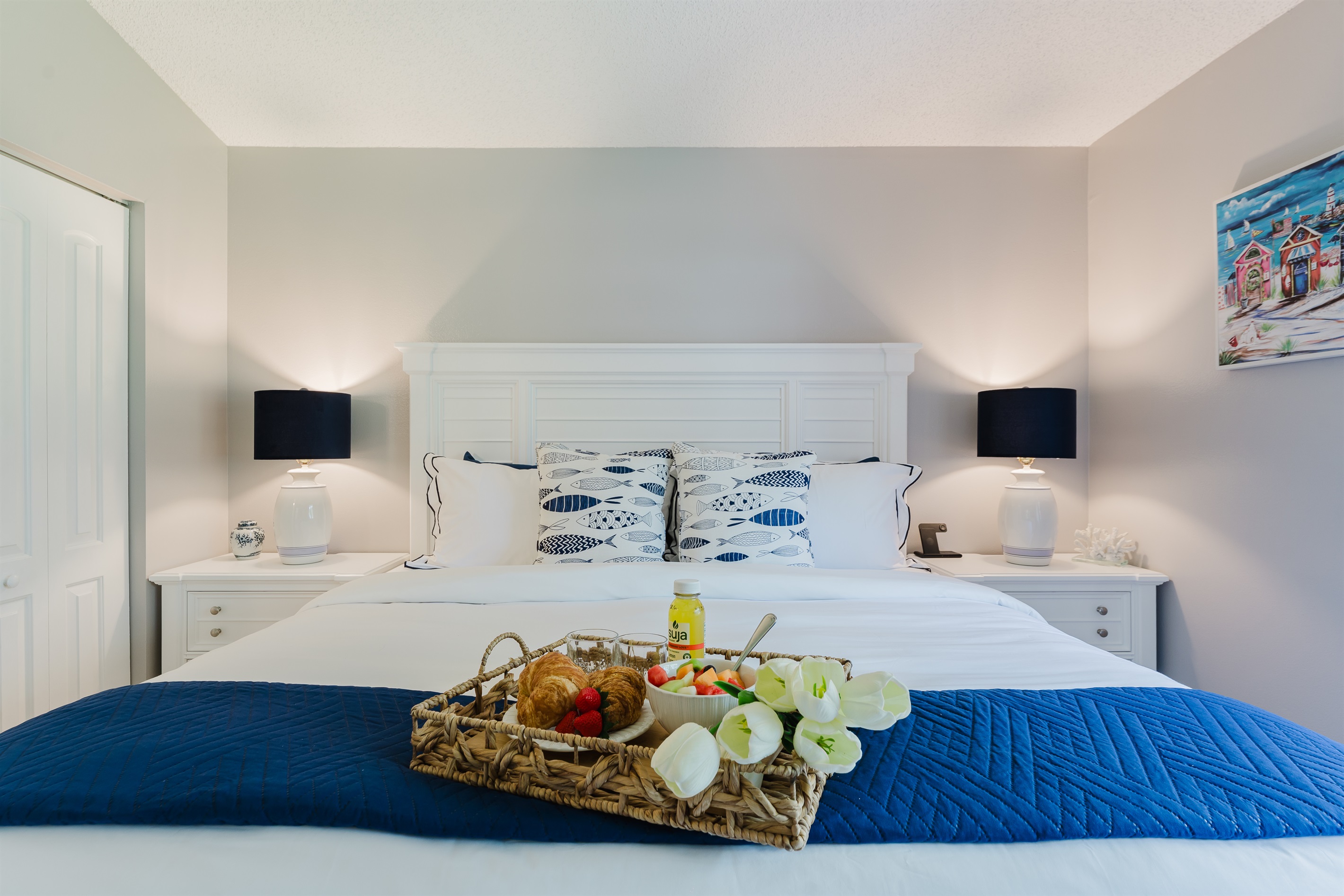 Spacious primary king suite featuring a walk-in closet and a beautifully updated ensuite bathroom—designed for comfort, relaxation, and a true vacation retreat feel
