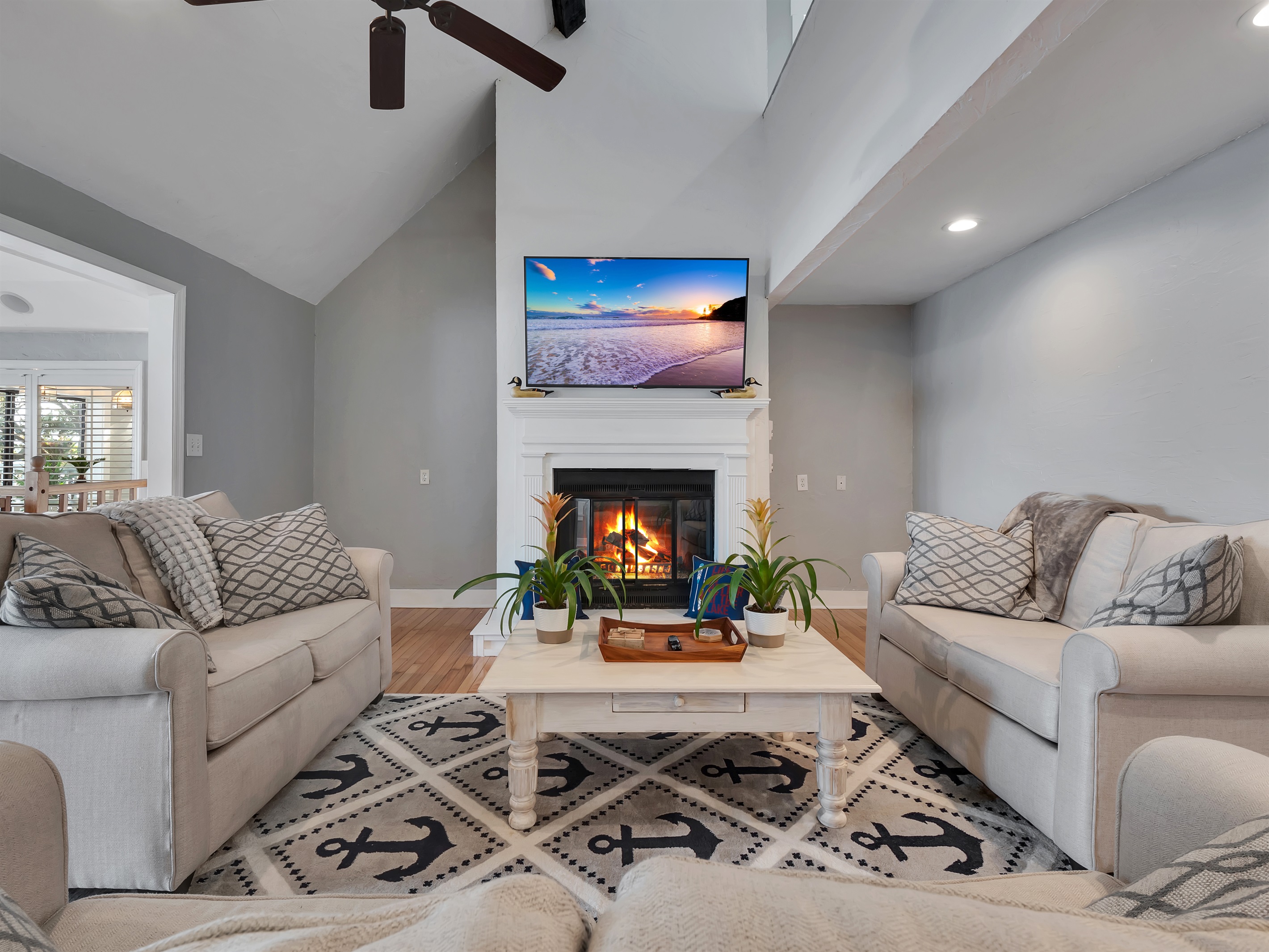 Main area living room. 4k tv, gas fireplace, queen sleeper sofa