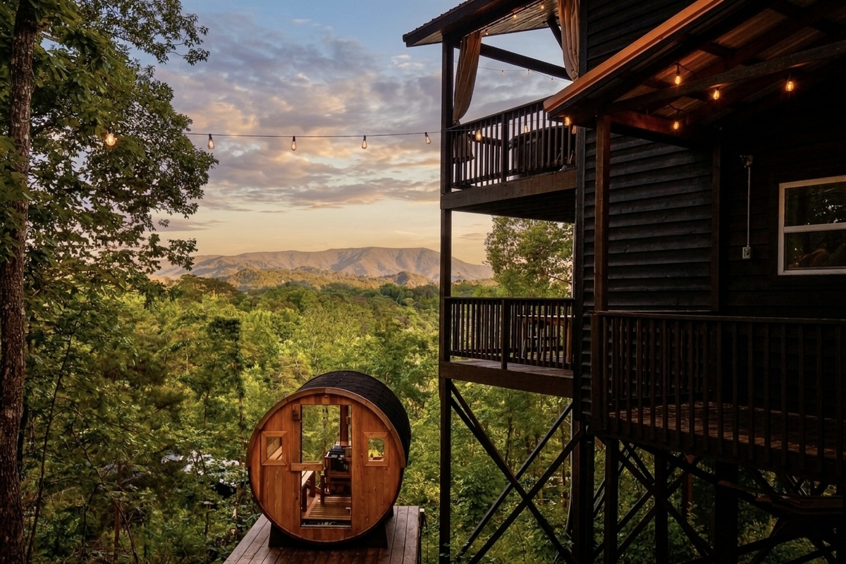 Incredible sunsets from two decks or from the warmth of a panoramic glass wall barrel sauna. A short gravel path takes you to the firepit, grill and sauna amenities and outdoor curtains add extra privacy to relaxing hot tub soaks from the upper deck.