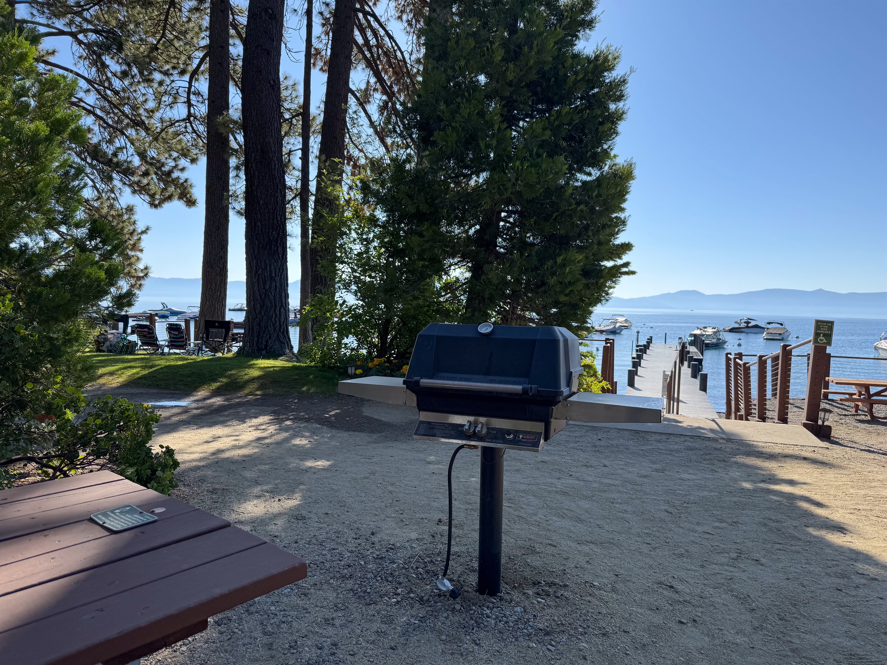 Grills and picnic benches can be reserved at the private park. Visit the park office to reserve them.