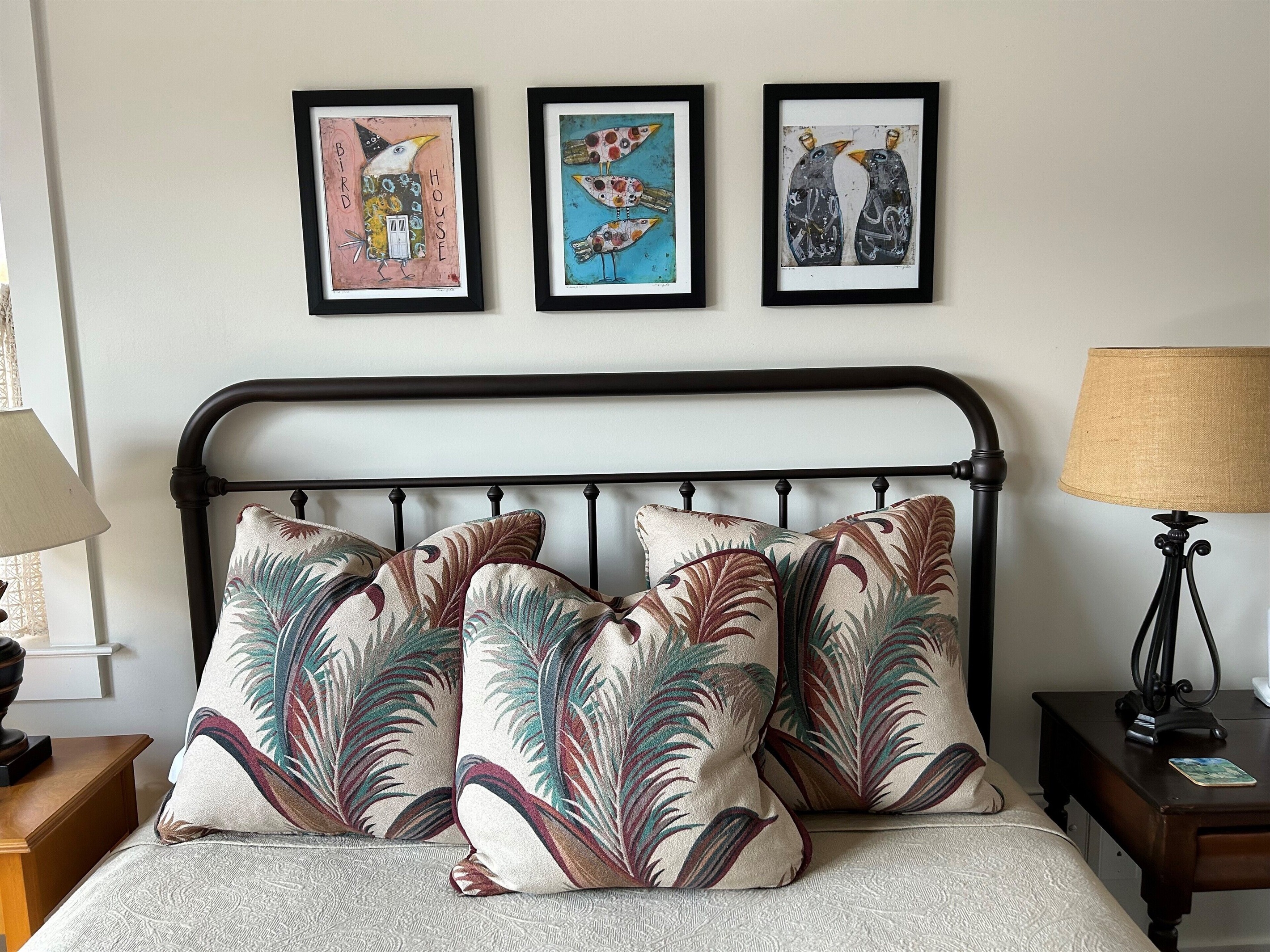 Original local artwork and throw pillows add special ambiance to this house