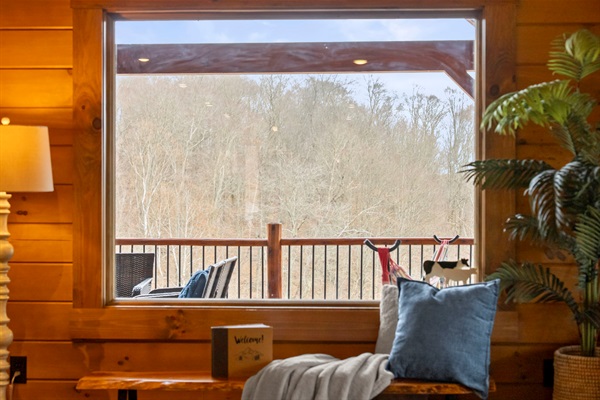 Cozy Living Room Window Seat with Scenic Wooded Views in Hocking Hills.