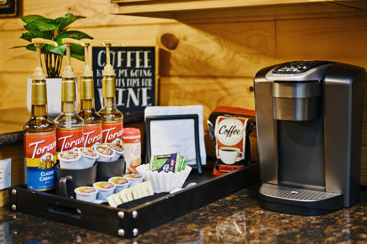 Coffee bar! Comes with a Keurig machine, traditional coffee pot and a French press.