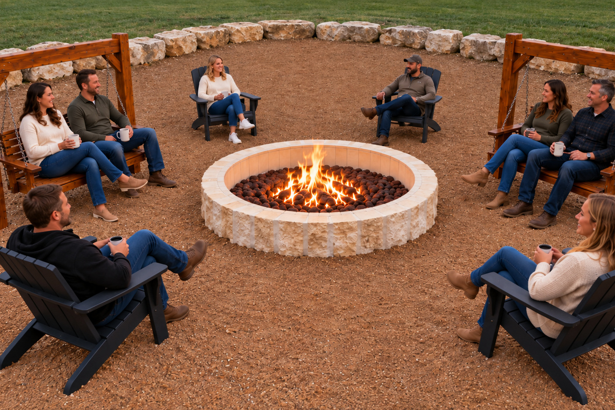 Rendering of furnished fire pit area with swing benches and Adirondacks