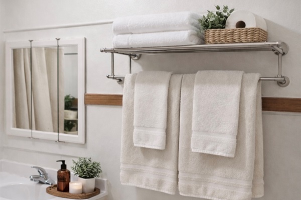 Clean, bright bathroom with full tub/shower and fresh hotel-style towels for comfortable, reliable stay.