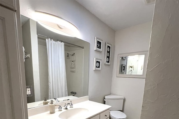 Fluffy towels,  milk n honey soap, adjustable showerhead,  plus generous storage.  Shower/tub combo .