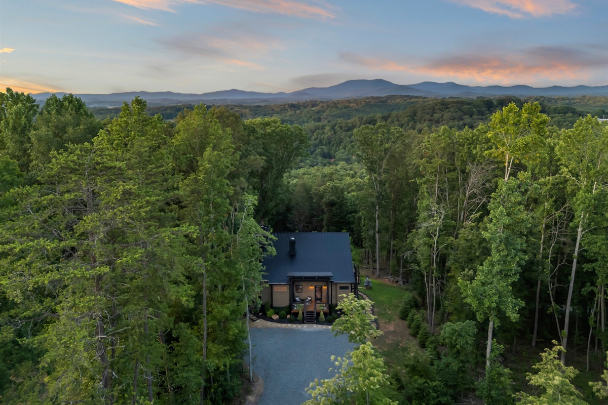 Bird&rsquo;s‑eye view from above, treetops circle a warmly lit Boujee Lodge.
