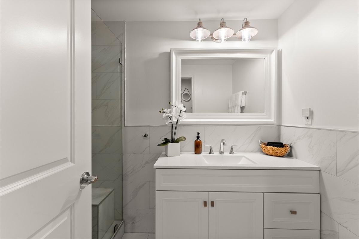 Downstairs bathroom with tiled shower.