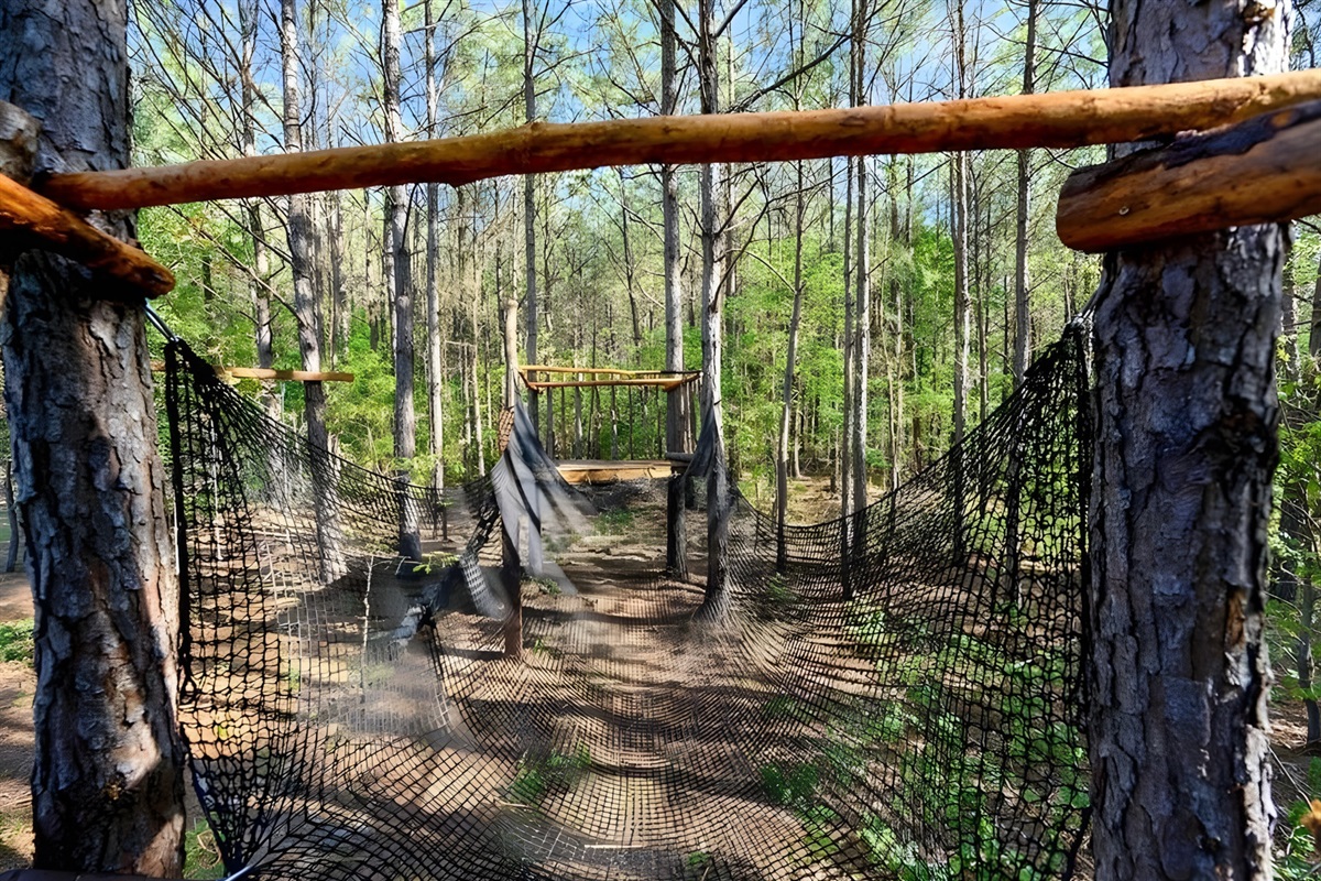 Crossing the rustic rope bridge feels like stepping into a storybook woodland adventure.