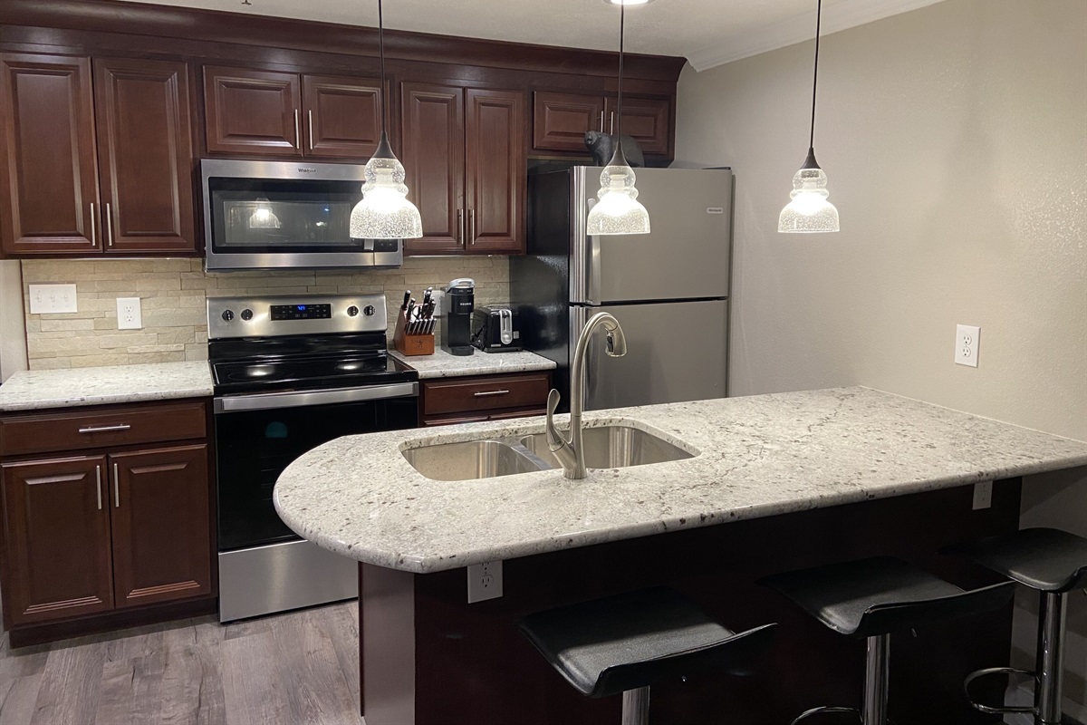 Our full kitchen is well stocked with all you need for cooking in. 