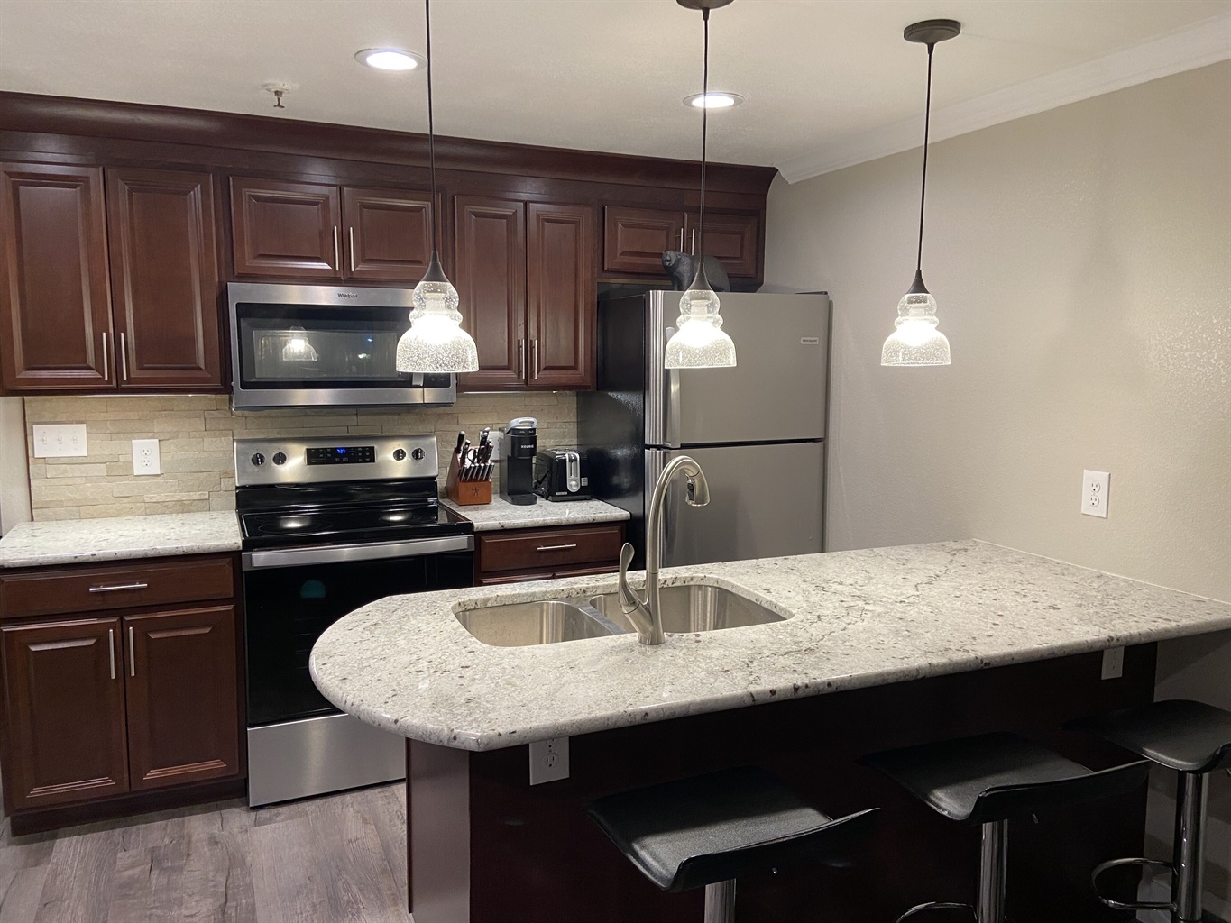 Our full kitchen is well stocked with all you need for cooking in. 