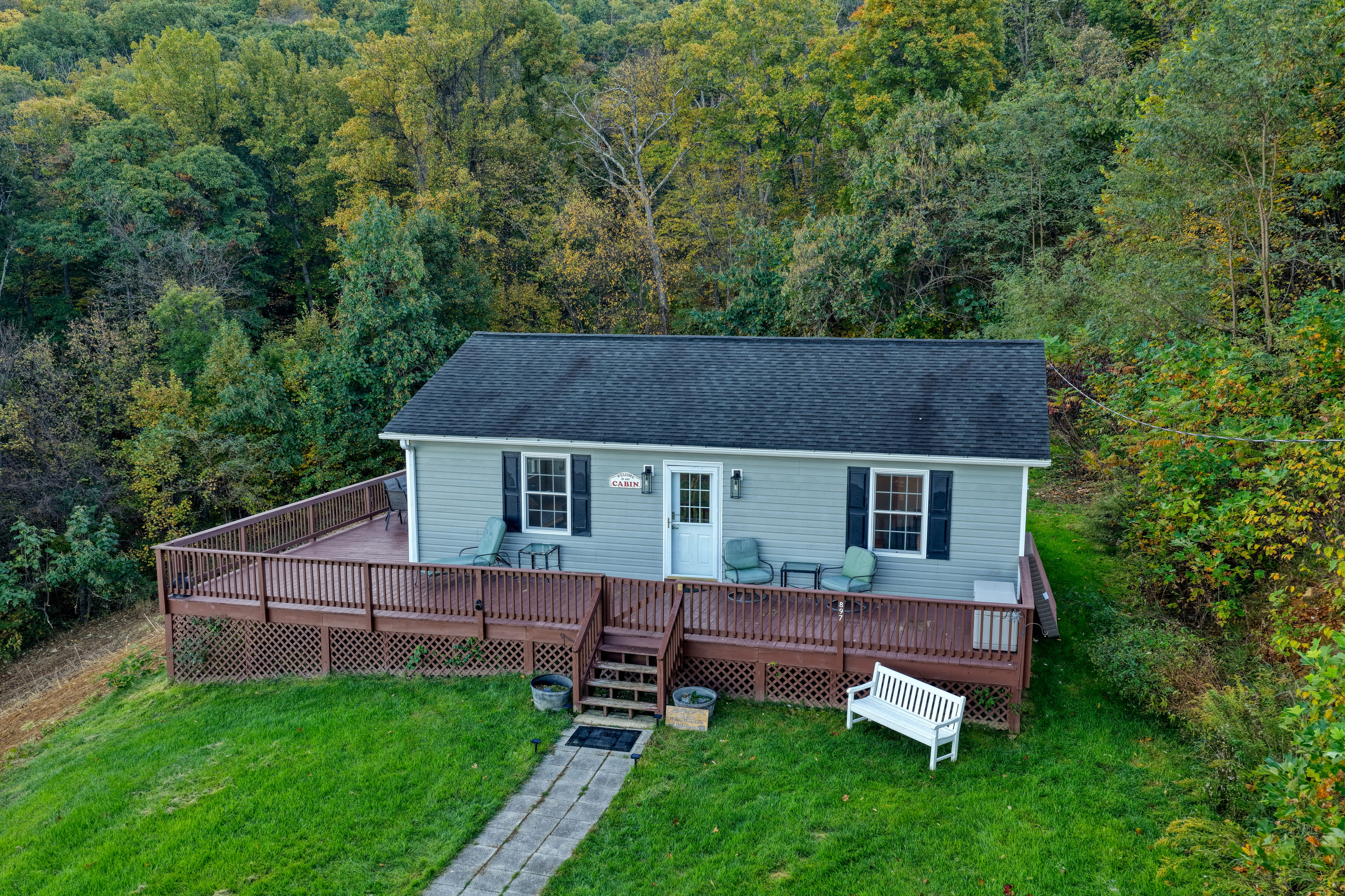 An aerial shot of the front of the cabin.