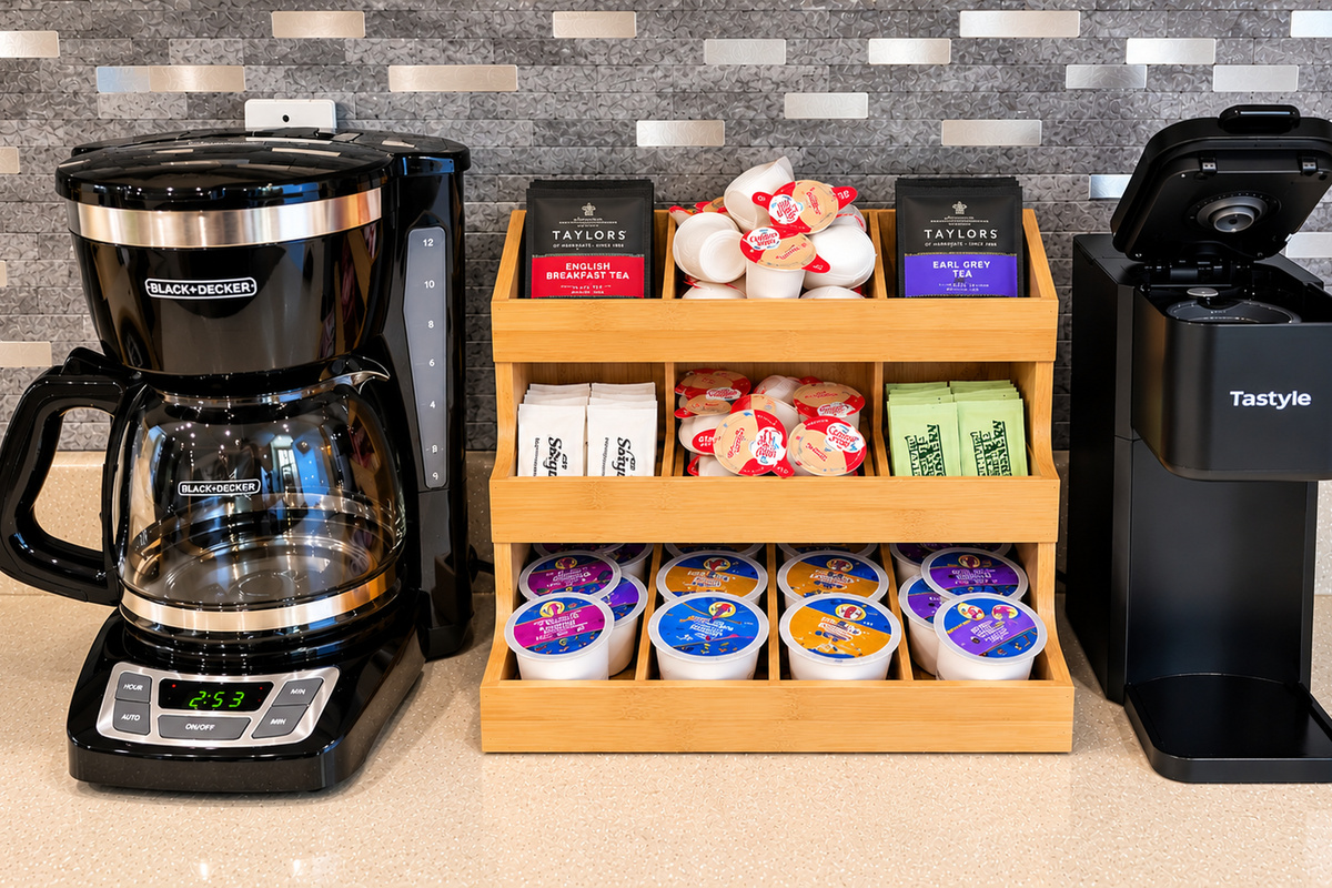 Coffee or tea? Enjoy both with our stocked beverage station and two coffee makers.
