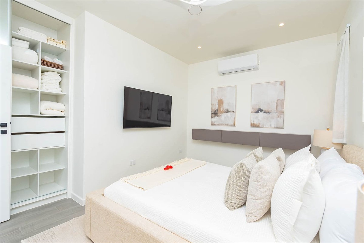 2nd bedroom with queen size bed, air conditioning, ceiling fan, wall mounted TV and closet.