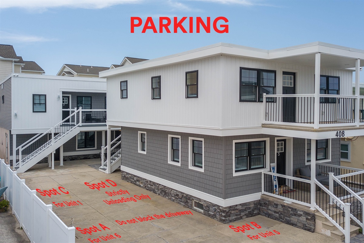Clearly marked on-site parking for each unit ensures a hassle-free arrival. Spot assignments and unloading zone are labeled for convenience, with private access just steps from your door. Please avoid blocking the driveway.
