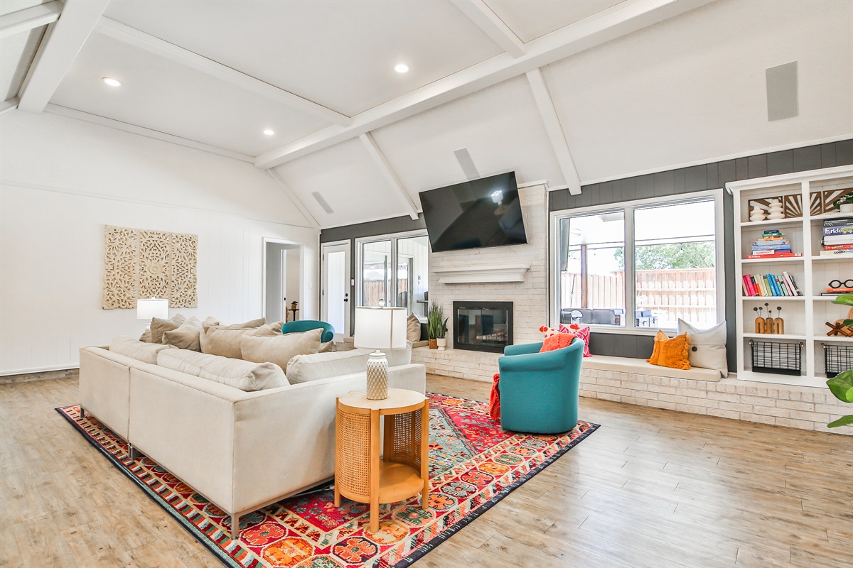Living room with backyard in the background 