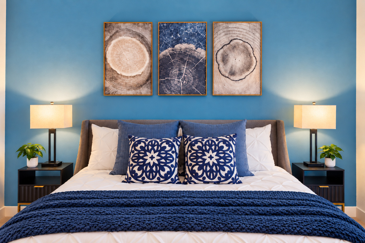 - Serene bedroom with soft linens, blue accents, and natural light   - Large window brings in warmth and peaceful outdoor views   - Designed for rest, comfort, and a cozy night’s sleep