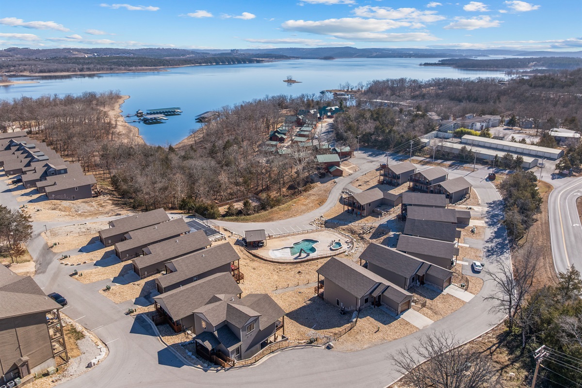 Scenic resort and lake views from above