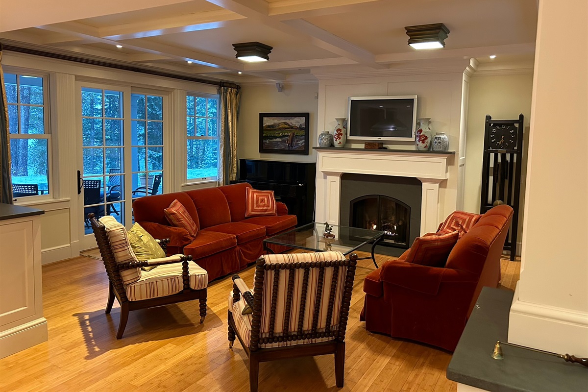 Gas fireplace, upright Steinway piano,  ample seating area 