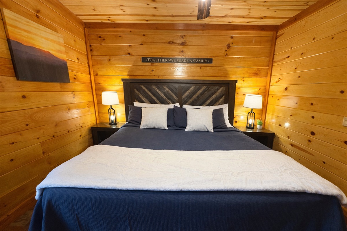 Our cozy main floor king bedroom with luxury cotton sheets, comfy mattress and extra bedding is the perfect retreat after a long day of play.