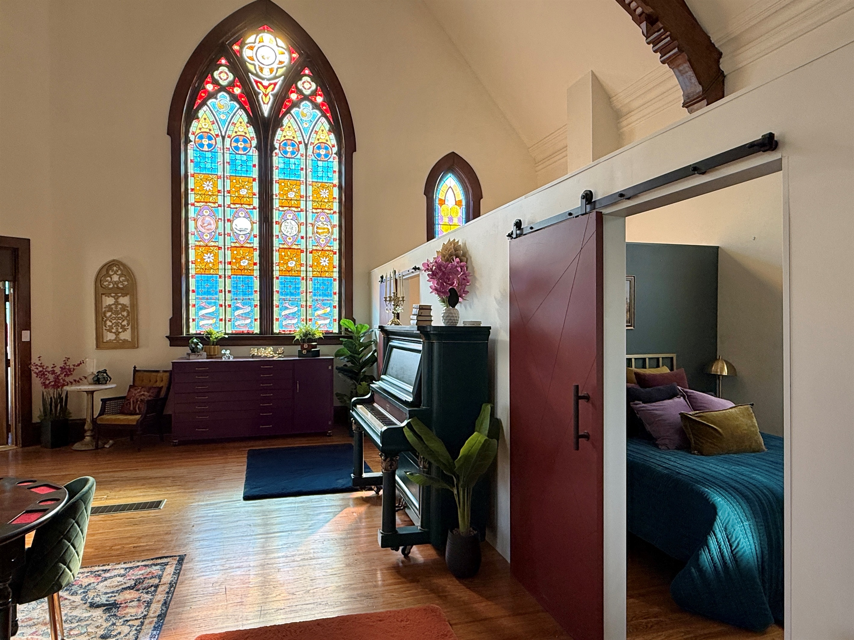 Loft space with gorgeous stained glass windows